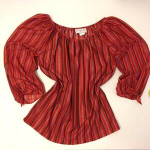 Vintage 70s 80s Striped Lurex Blouse Wide Rounded Neckline Split Tie Sleeve (BT)